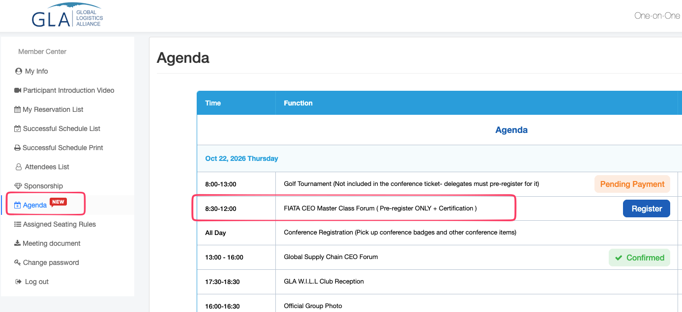 Agenda screen: select Agenda in the left menu, then click Register beside FIATA CEO Master Class Forum, 8:30–12:00 on 22 October 2026.